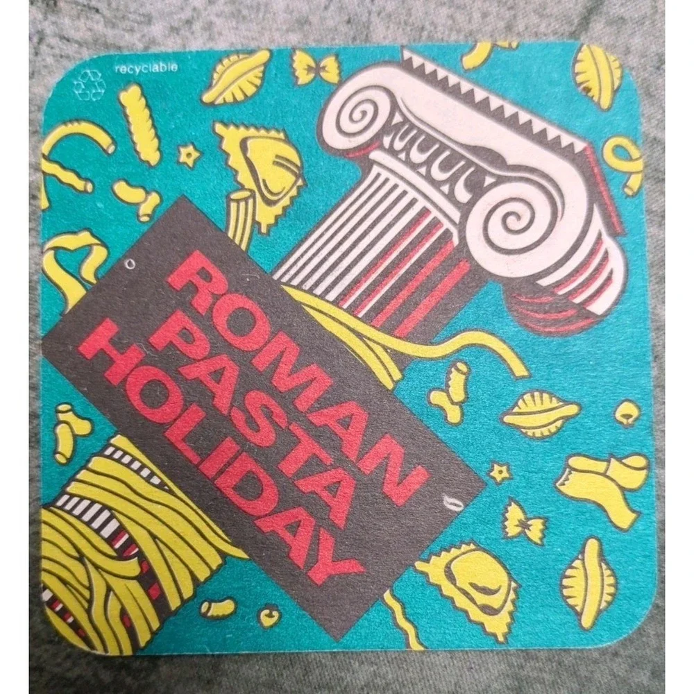 Vintage Paper Restaurant Coaster Roman‎ Pasta Holiday 80s 90s Teal Red Black